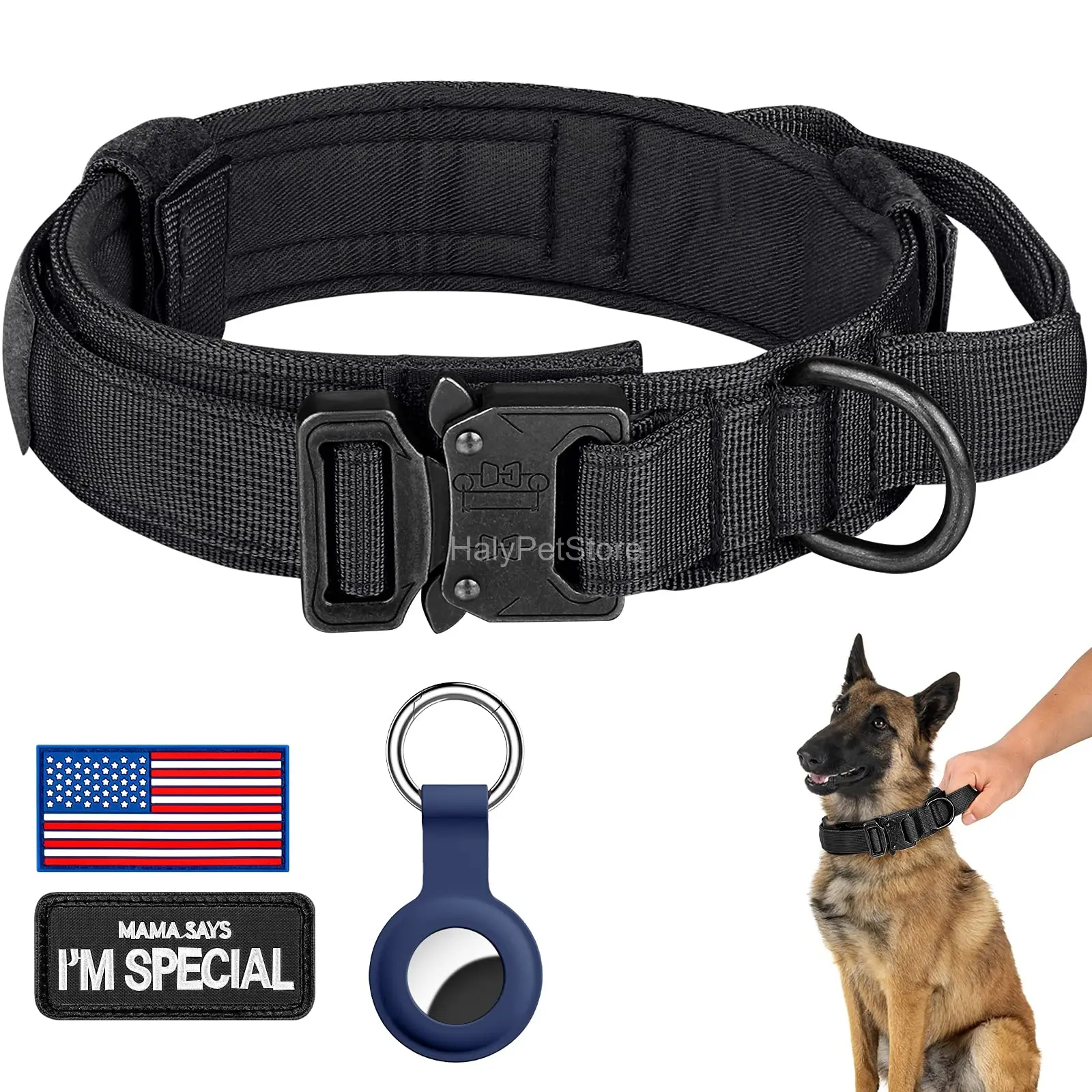 DAGANXI Tactical Dog Collar in black with metal buckle control handle and AirTag case