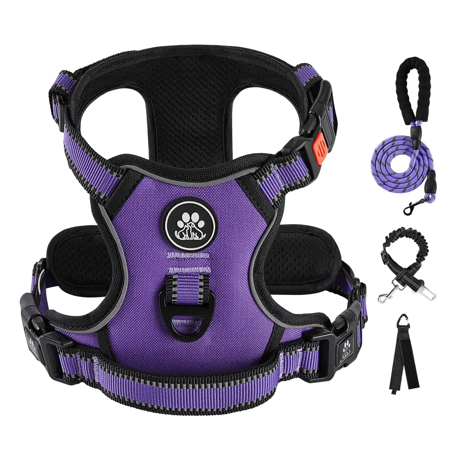 IVY&LANE No Pull Dog Harness Set in Purple with leash, safety belt, and storage strap