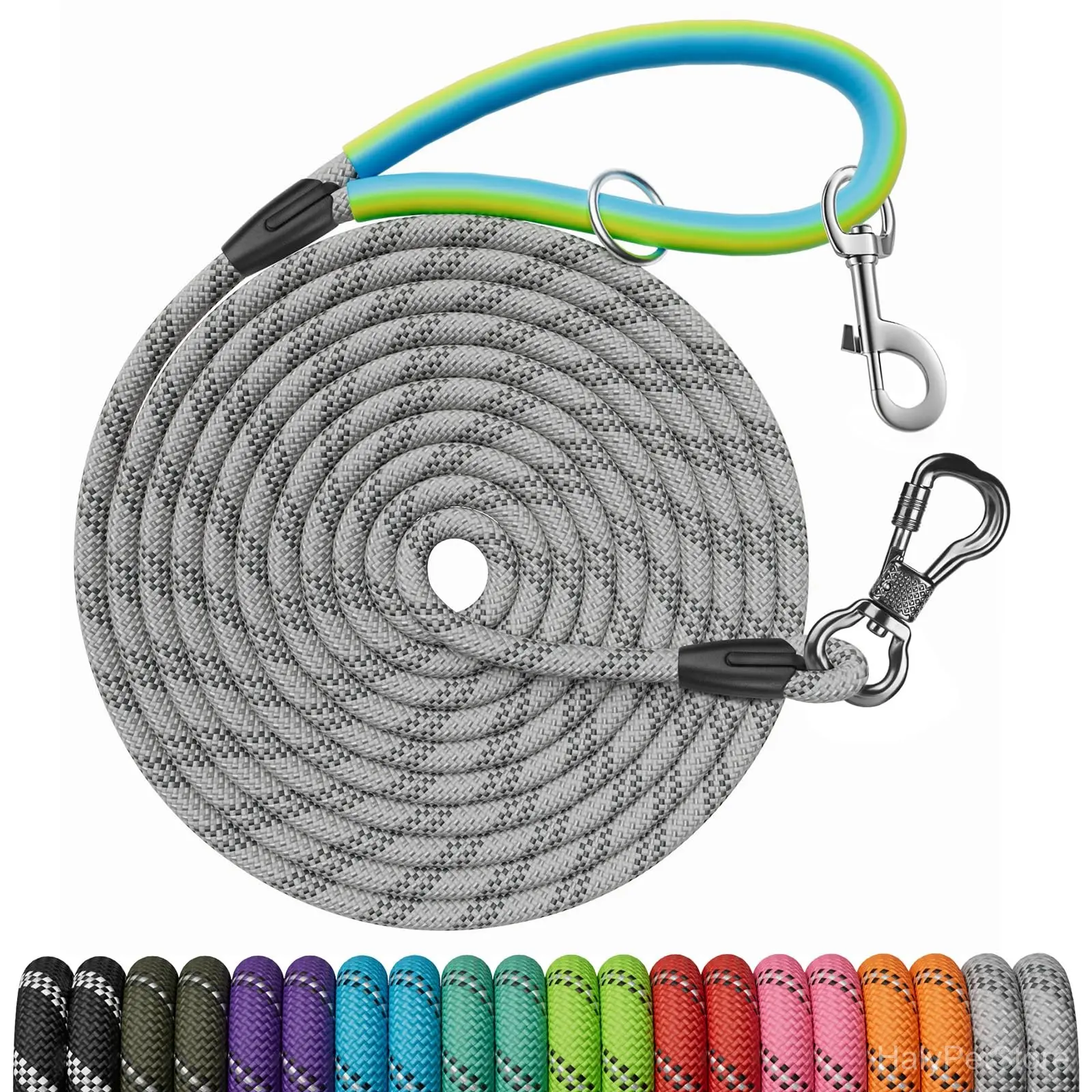 NTR 20FT Check Cord Dog Training Leash with dual swivel hooks, reflective stitching, and rubber handle